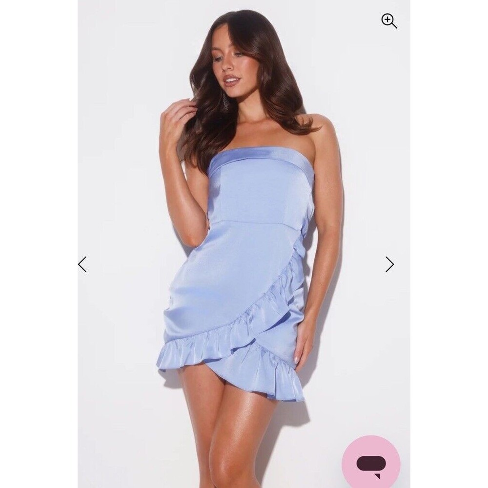 Hello Molly M First Date Satin Mini Dress Ruffle Blue Strapless Wrap Cocktail